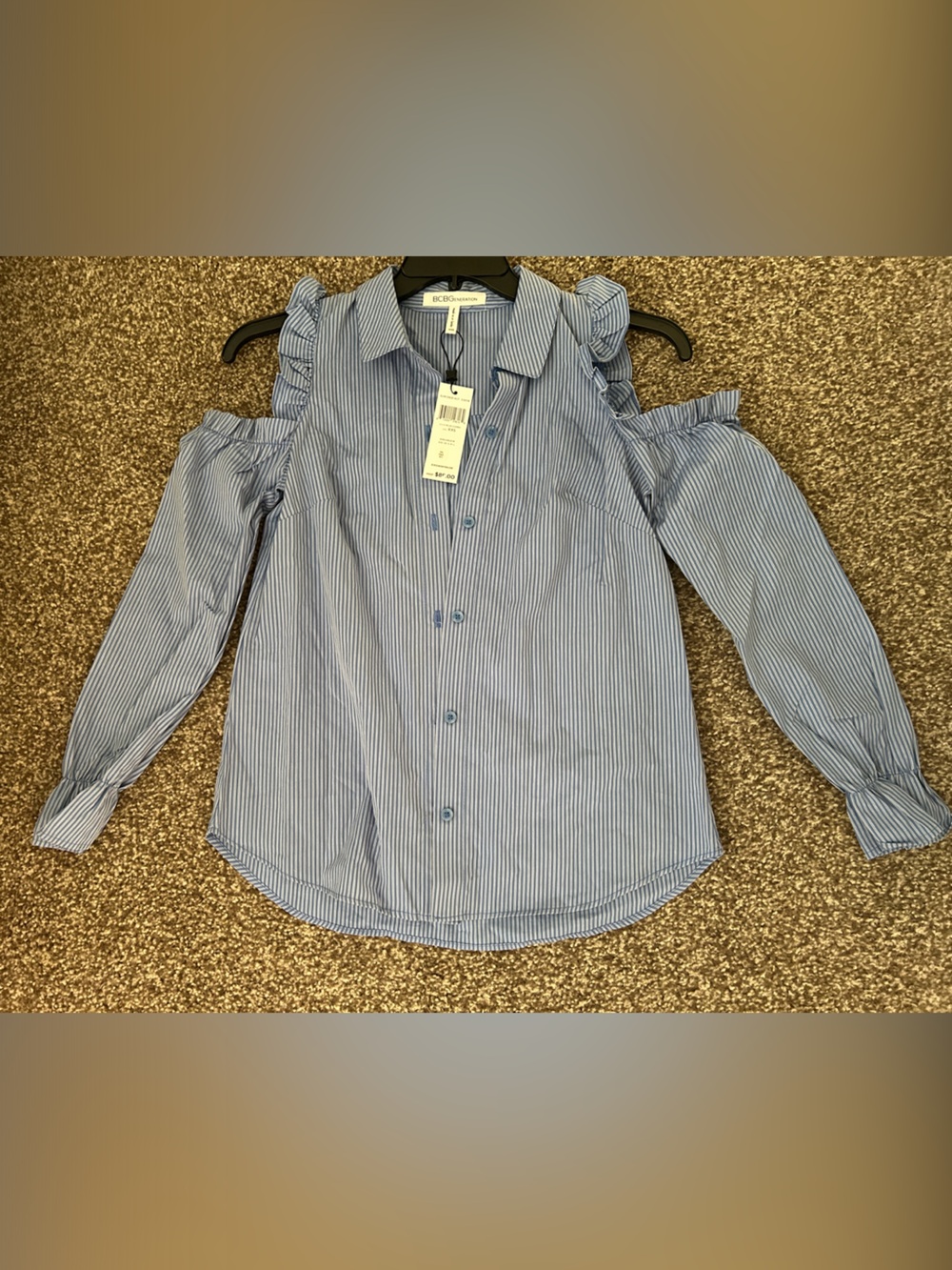 BCBGeneration 100% Cotton Blue and White Striped Cold-Shoulder Button-Up Top
